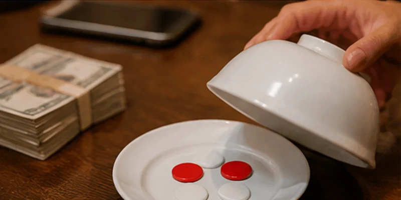 A traditional bowl and contrasting discs illustrate the basic equipment used in xoc dia.