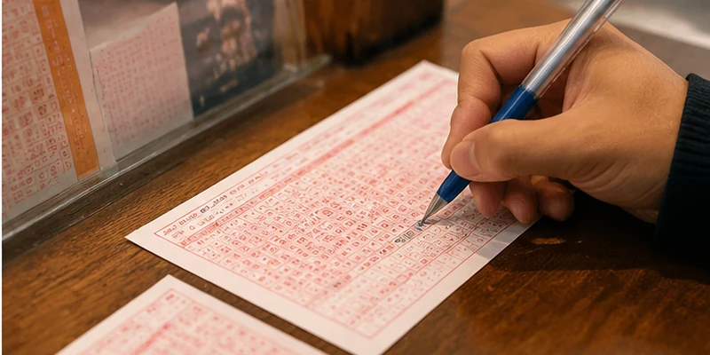 A person records lottery information carefully on a paper ticket.