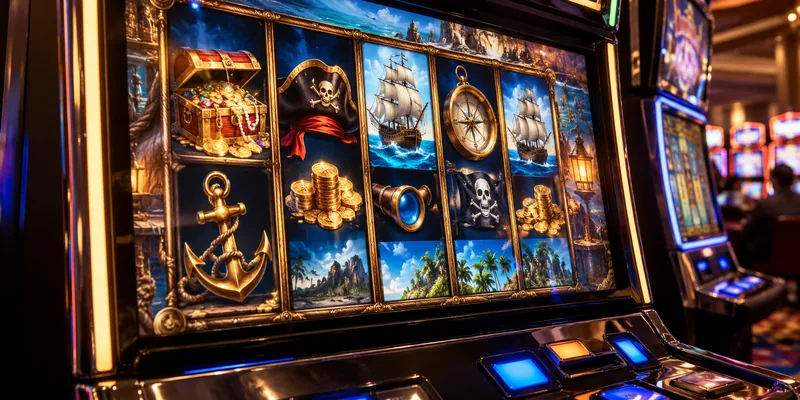 A realistic casino slot machine screen photographed at an angle, showing treasure-chest symbols, gold coins and spinning reels in a pirate-themed game