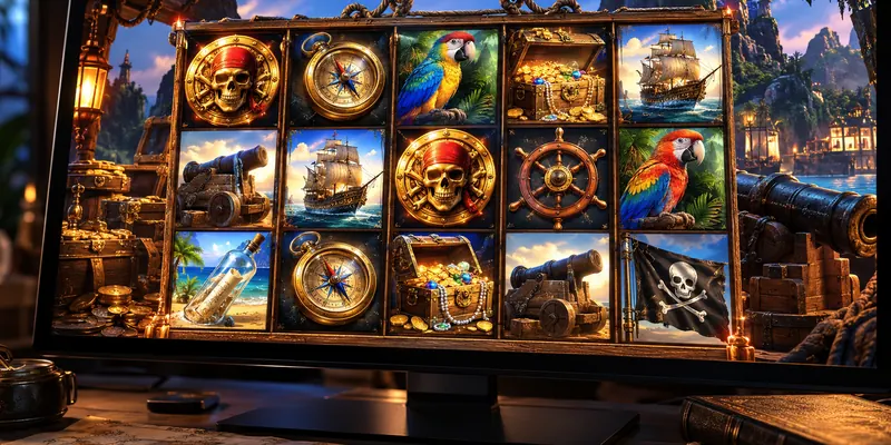 A realistic photograph of a casino slot machine displaying a pirate treasure game, with a wooden ship and gold coins on screen.
