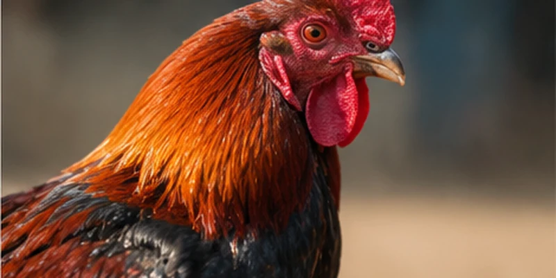 A close view of a rooster illustrating the physical characteristics commonly described in breed profiles
